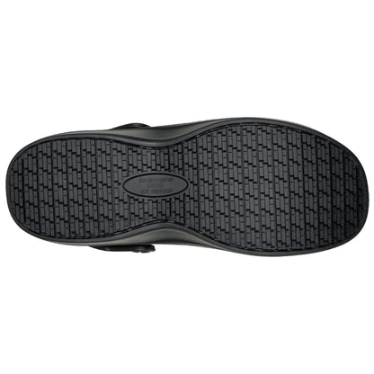 A black shoe sole is depicted featuring a textured grip pattern along with the brand name Skechers and the text WORK SLIP RESISTANT indicating its purpose for safety and stability on slippery surfaces