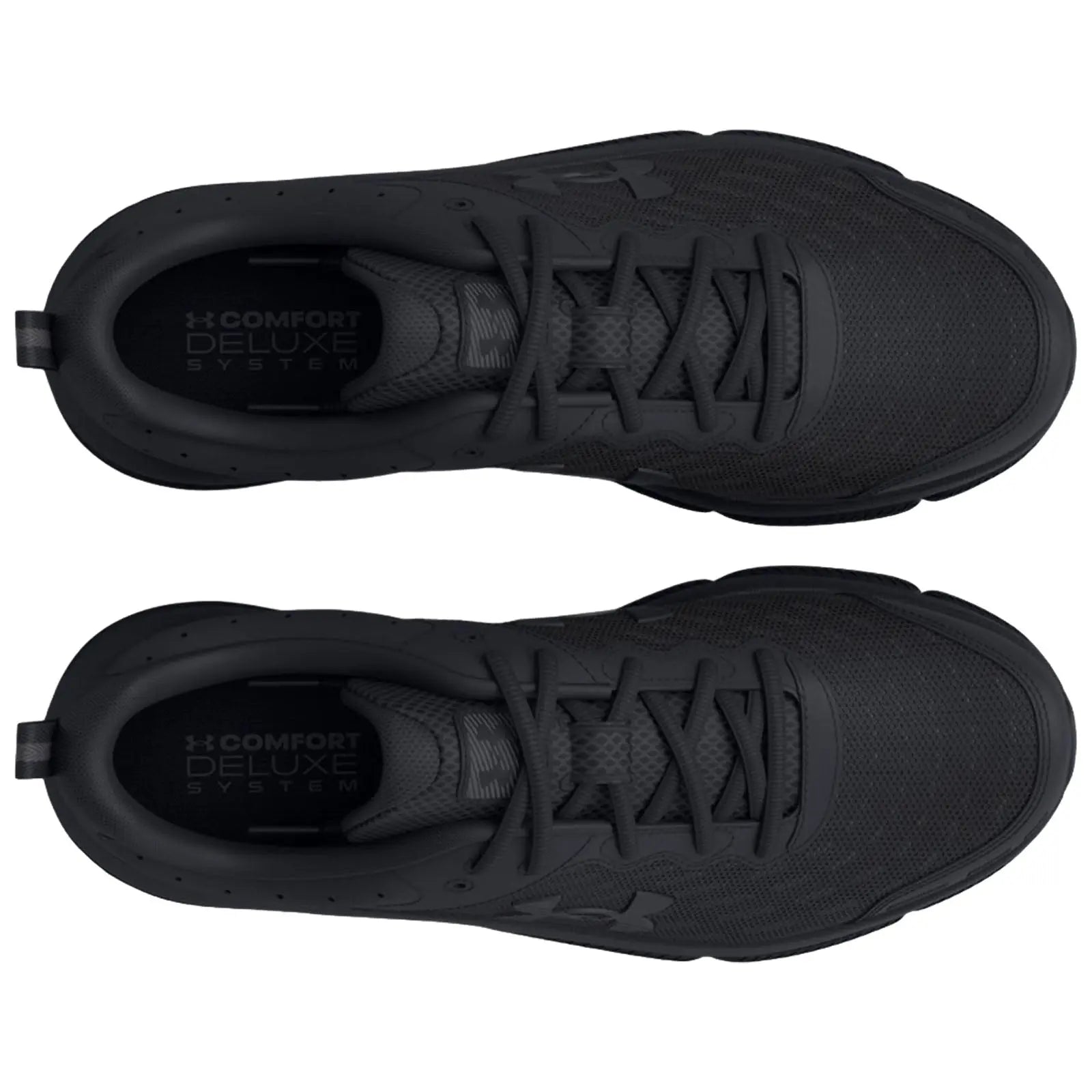 Two black athletic shoes are displayed with their tops facing up laces neatly tied showcasing a textured surface and a logo with the text COMFORT DELUXE SYSTEM visible inside the shoes.