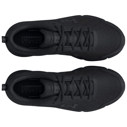 Two black athletic shoes are displayed with their tops facing up laces neatly tied showcasing a textured surface and a logo with the text COMFORT DELUXE SYSTEM visible inside the shoes.