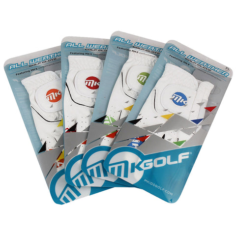 Four packages of all-weather golf gloves are displayed featuring design elements in blue white and colored accents The gloves are labeled with the MK logo and highlight performance construction