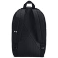 A black backpack with thick padded straps and a top handle is displayed facing forward showcasing a plain design and a logo on the side.
