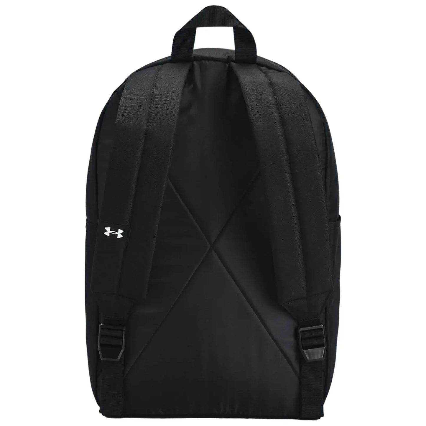 A black backpack with thick padded straps and a top handle is displayed facing forward showcasing a plain design and a logo on the side.