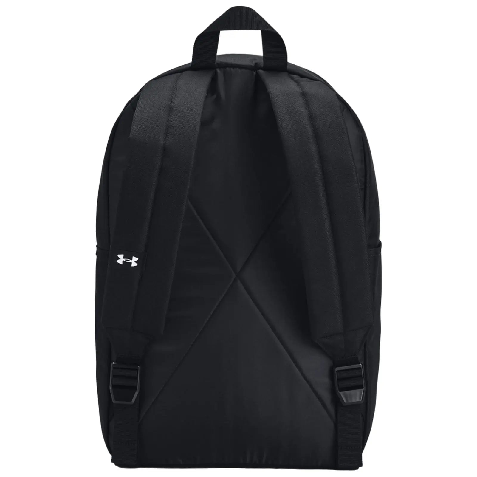 A black backpack with thick padded straps and a top handle is displayed facing forward showcasing a plain design and a logo on the side.