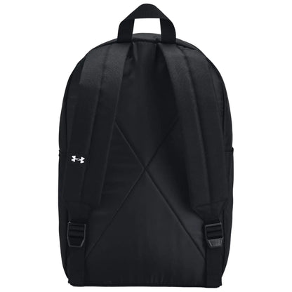 A black backpack with thick padded straps and a top handle is displayed facing forward showcasing a plain design and a logo on the side.