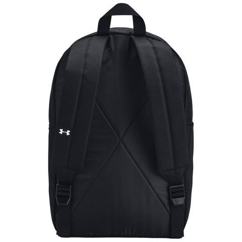 A black backpack with thick padded straps and a top handle is displayed facing forward showcasing a plain design and a logo on the side.