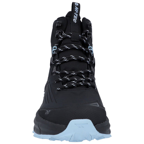 A black hiking boot with a high ankle design features patterned laces and a prominent toe cap the context implies outdoor use and rugged terrain adaptability