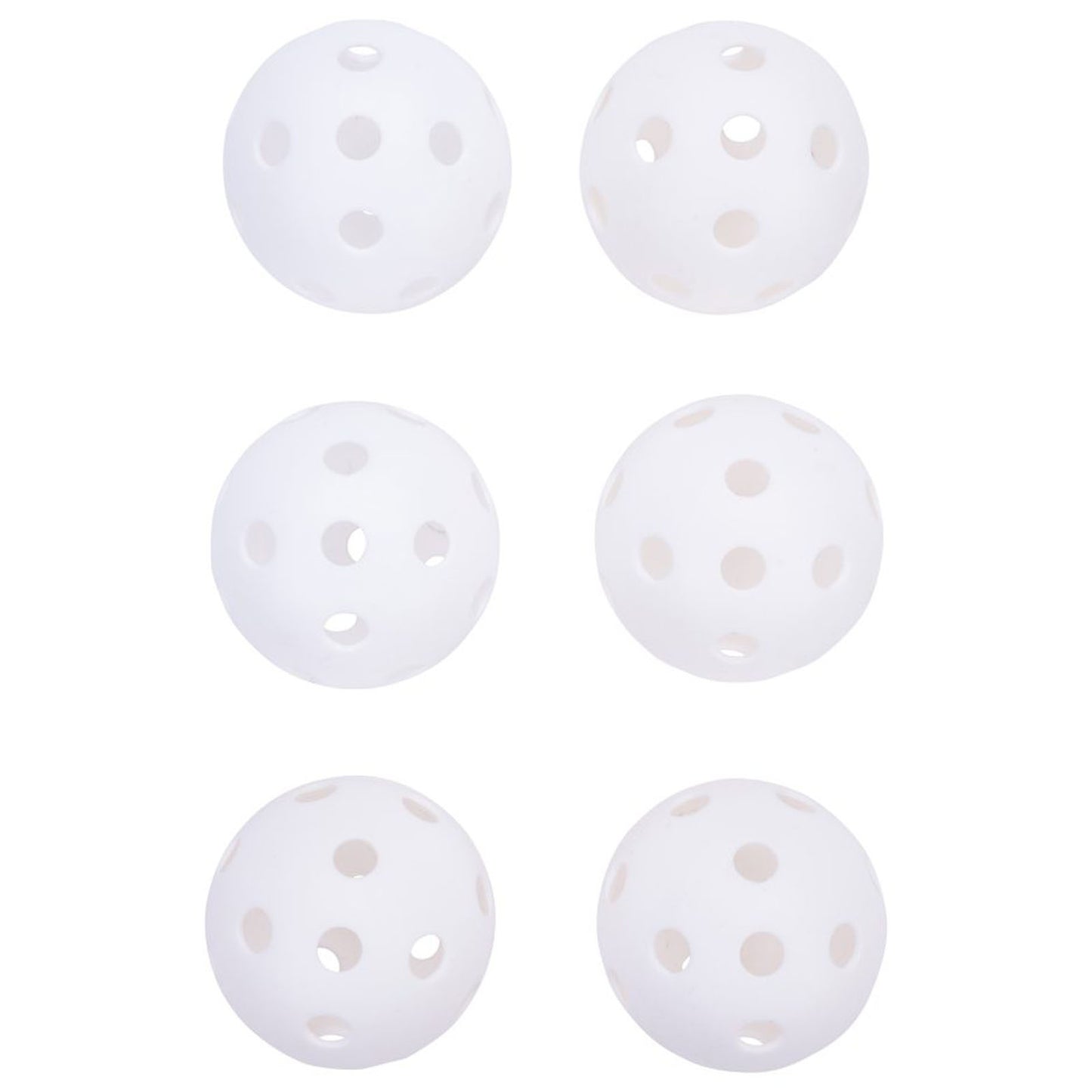 Six white plastic balls with multiple holes are arranged in two rows of three on a plain background, suggesting they are used for playing sports like pickleball or badminton.
