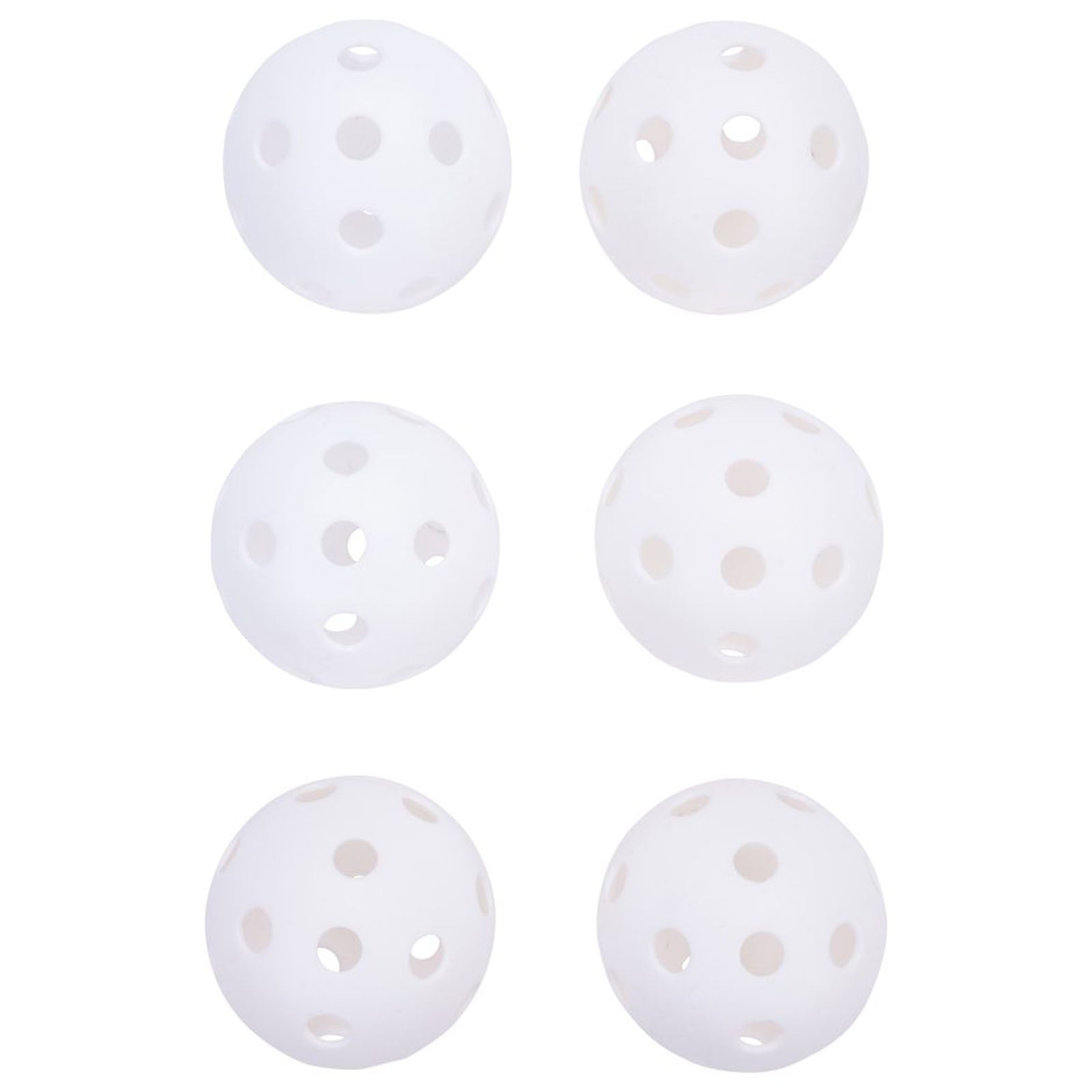 Six white plastic balls with multiple holes are arranged in two rows of three on a plain background, suggesting they are used for playing sports like pickleball or badminton.