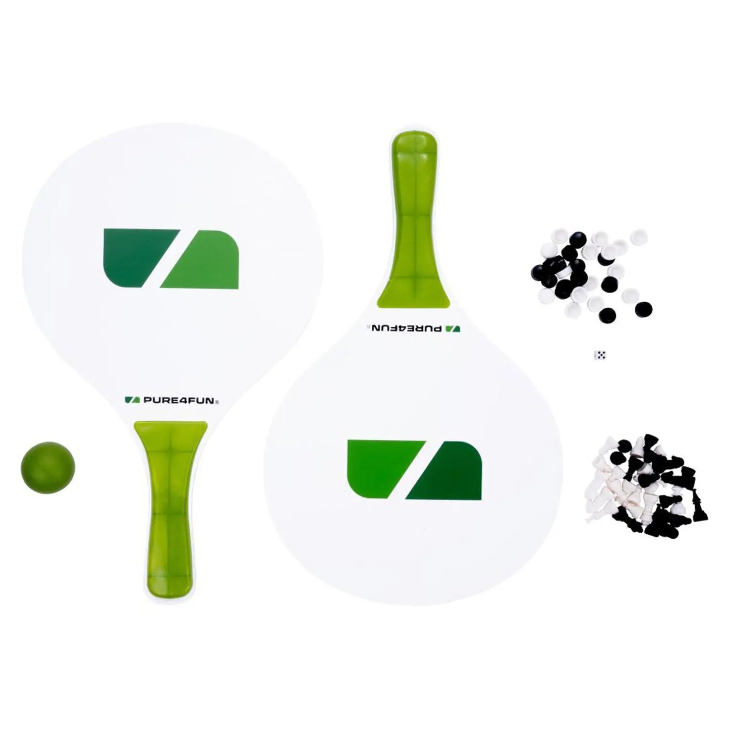 Two paddleball paddles with green accents are positioned alongside a small green ball and assorted small black and white discs, placed on a white background for a clean presentation.