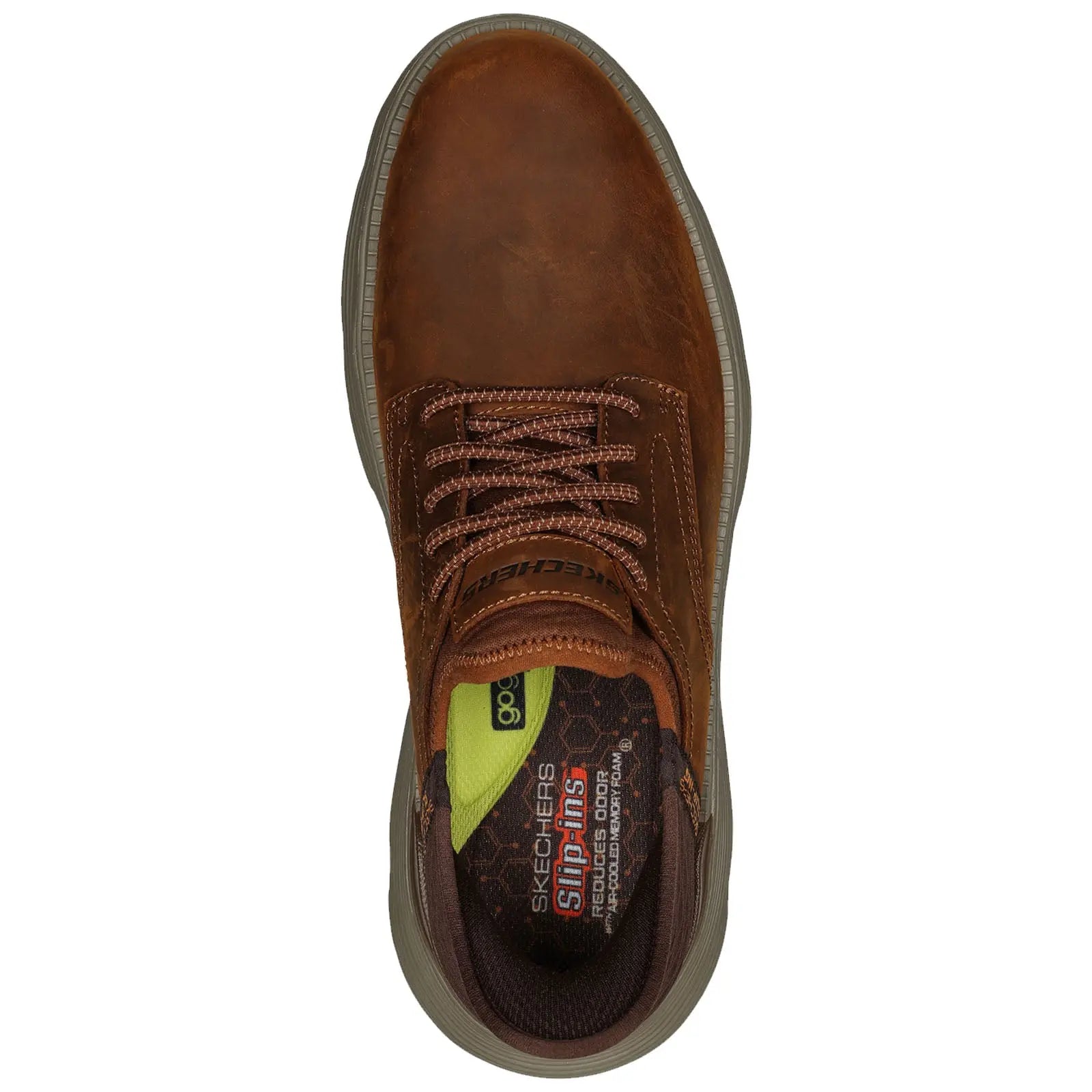 Brown leather shoe sits upright showcasing laces and textured insole surrounded by a light background emphasizing its design and branding elements