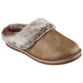 A brown slipper with a soft, faux-fur cuff rests on a light background showcasing its plush texture and comfortable design for indoor wear.