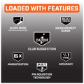 A graphic displays various features of a golf device. Icons represent slope mode, club suggestion, measurement range of 800 yards, 6x magnification, accuracy within ±1 yard, and pin acquisition technology.