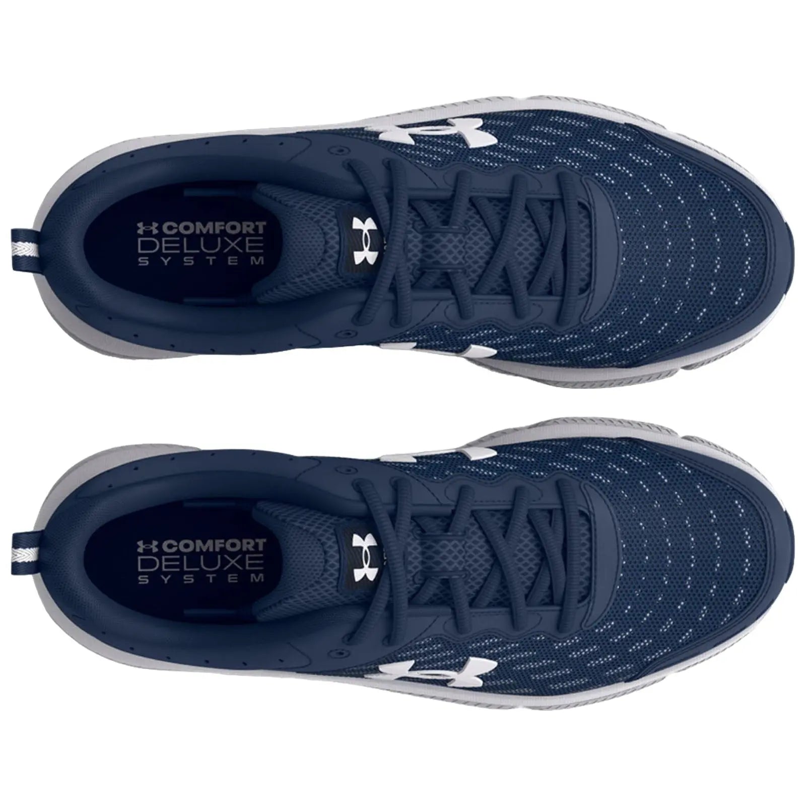 Blue athletic shoes are displayed from above showcasing the laces and structure with a textured upper and white logo details in a neutral background. The insoles feature the text COMFORT DELUXE SYSTEM.