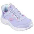 Purple athletic shoe features a textured upper with a stretchy lacing system and soft cushioning sole designed for comfort in casual settings