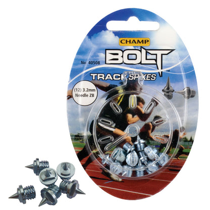 A circular display of metal track spikes sits on a card showing an athlete sprinting on a track with the text indicating twelve 3.2mm needle spikes and the brand name Champ Bolt.