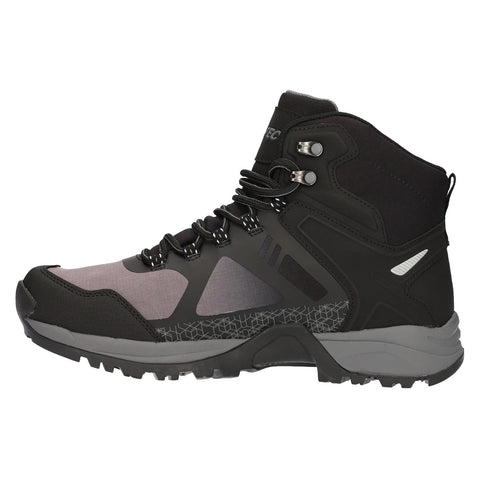 A black and grey hiking boot is standing upright featuring durable materials and laces designed for outdoor activities with a rugged sole for traction on various terrains.