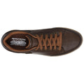 A brown sneaker features an air-cooled insole with memory foam and waterproof material while showcasing brown laces and metal eyelets set against a plain background.