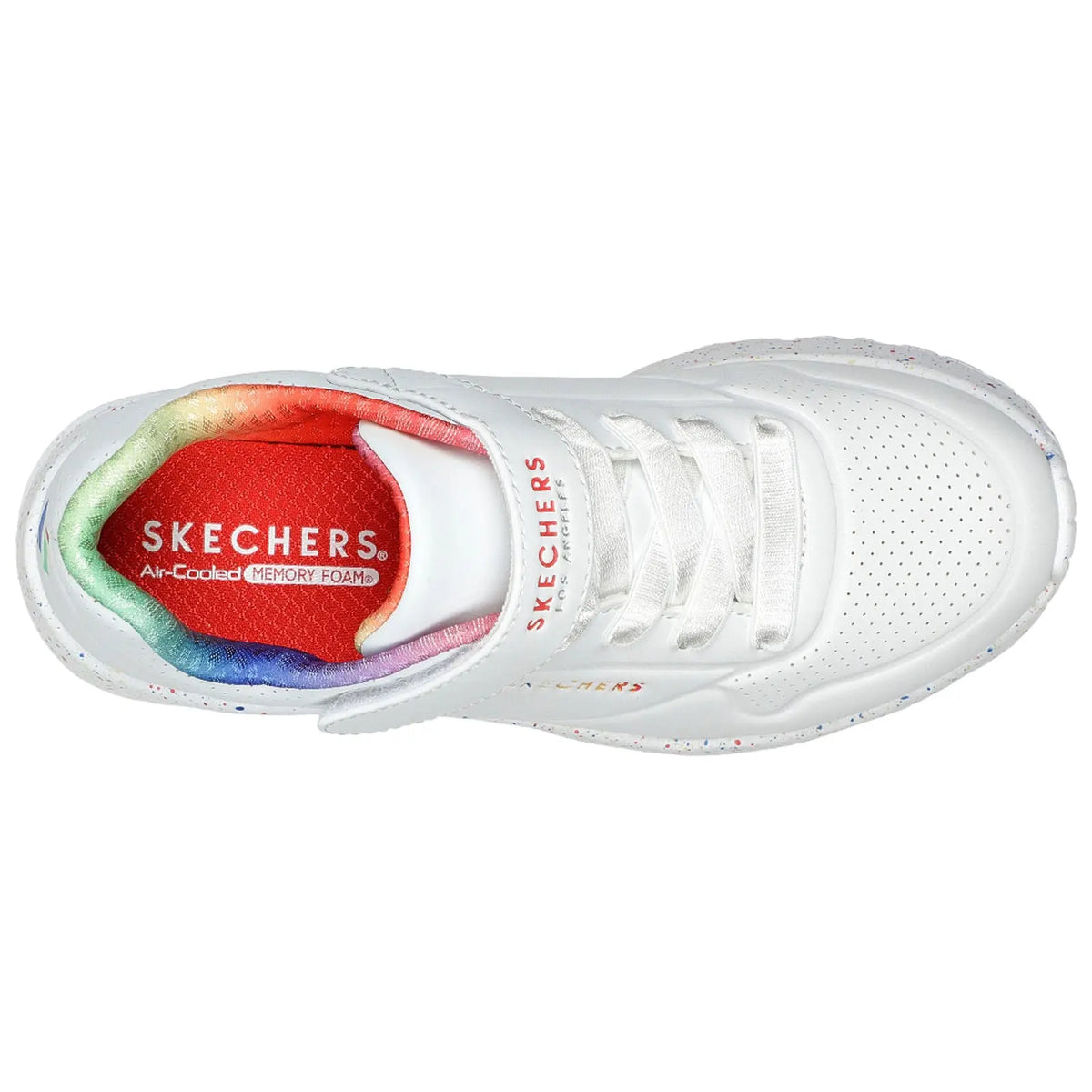 A white athletic shoe is displayed from above featuring a lace-up design and perforated sides. The interior showcases a colorful gradient around a red insole labeled with Skechers and Air-Cooled Memory Foam.