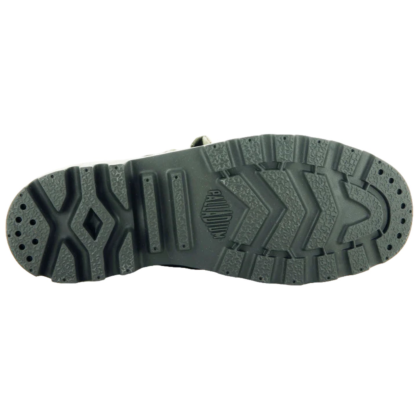 A rugged shoe sole features a textured pattern with deep grooves and treads designed for traction reflecting a durable construction suitable for outdoor activities