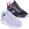 Two pairs of sneakers in black and lavender are displayed side by side. The black shoe features pink laces while the lavender shoe has a light blue and pink combination. The context suggests a focus on stylish athletic footwear.