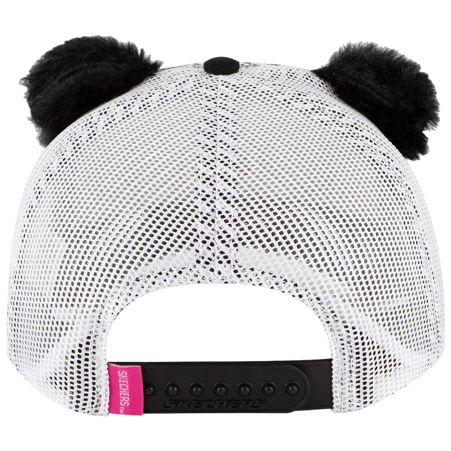 A silver mesh cap featuring black fluffy pom-poms on top is displayed upside down revealing a branded strap closure at the back showing the word SKECHERS.