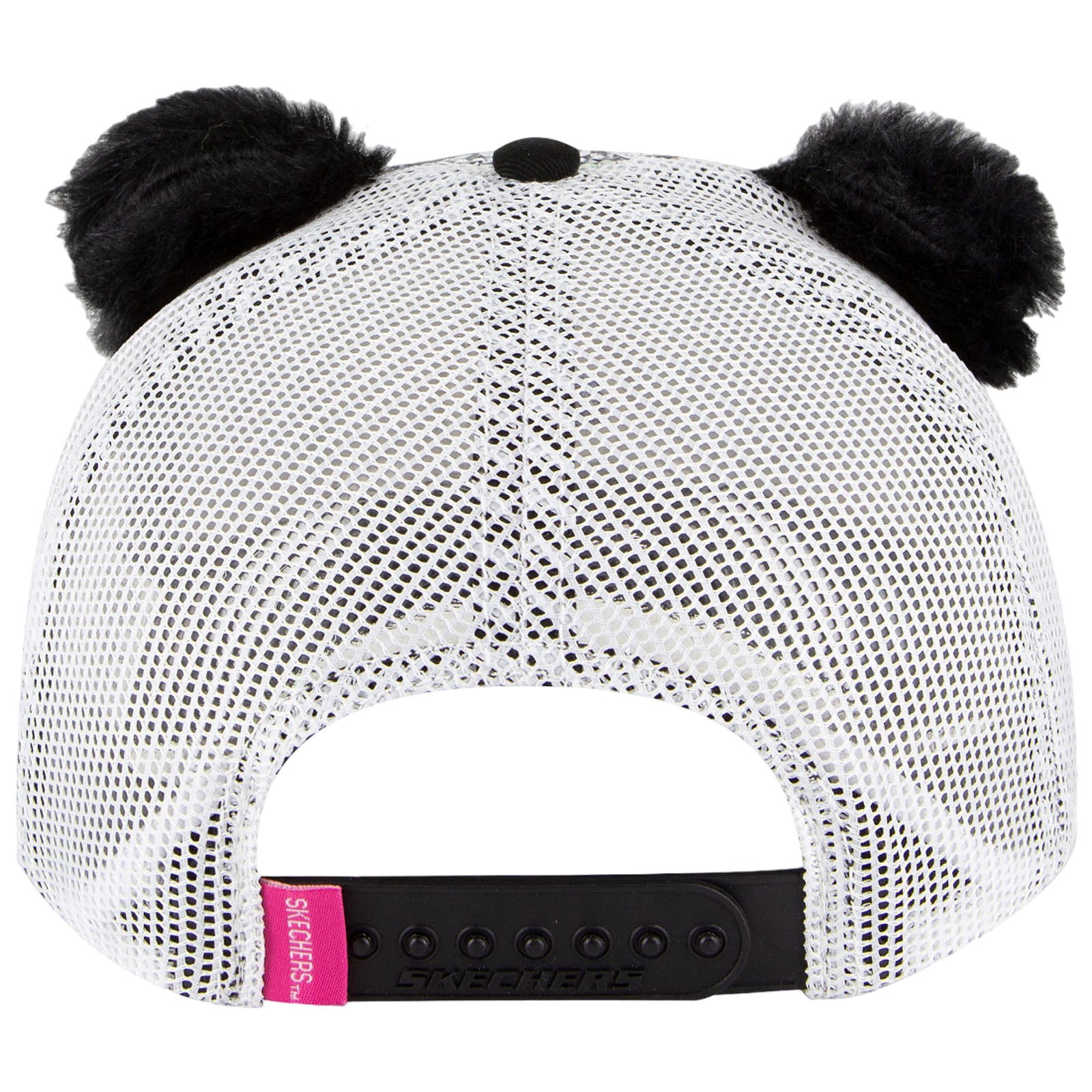 A silver mesh cap featuring black fluffy pom-poms on top is displayed upside down revealing a branded strap closure at the back showing the word SKECHERS.