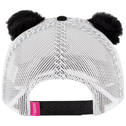 A silver mesh cap featuring black fluffy pom-poms on top is displayed upside down revealing a branded strap closure at the back showing the word SKECHERS.