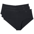 Three pairs of black women's underwear are displayed in a stacked arrangement showcasing a smooth fabric and a minimalist design with a small logo on the waistband.