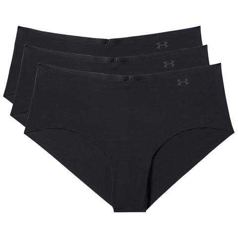 Three pairs of black women's underwear are displayed in a stacked arrangement showcasing a smooth fabric and a minimalist design with a small logo on the waistband.