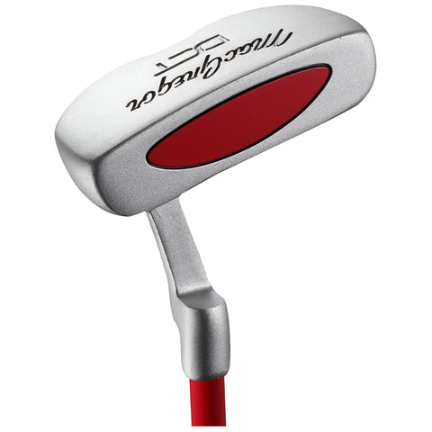 A shiny silver golf putter with a red accent sits upright showcasing its angled head and handle in a neutral setting focused on golf equipment.