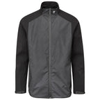 A gray and black jacket is displayed upright with a zip closure and a high collar emphasizing its sporty design suitable for outdoor activities in cool weather.