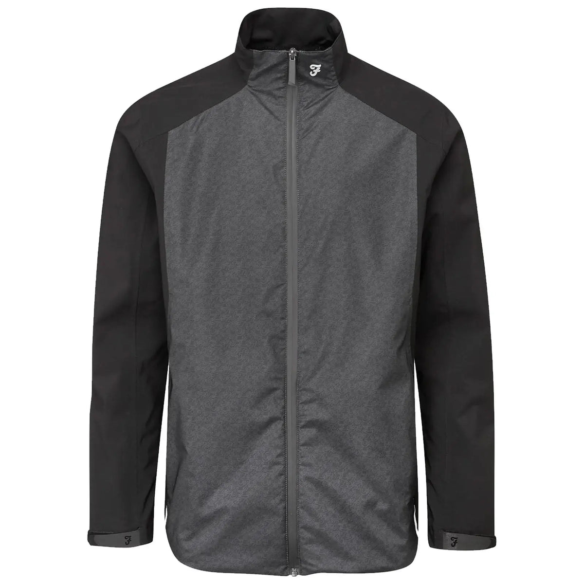 A gray and black jacket is displayed upright with a zip closure and a high collar emphasizing its sporty design suitable for outdoor activities in cool weather.