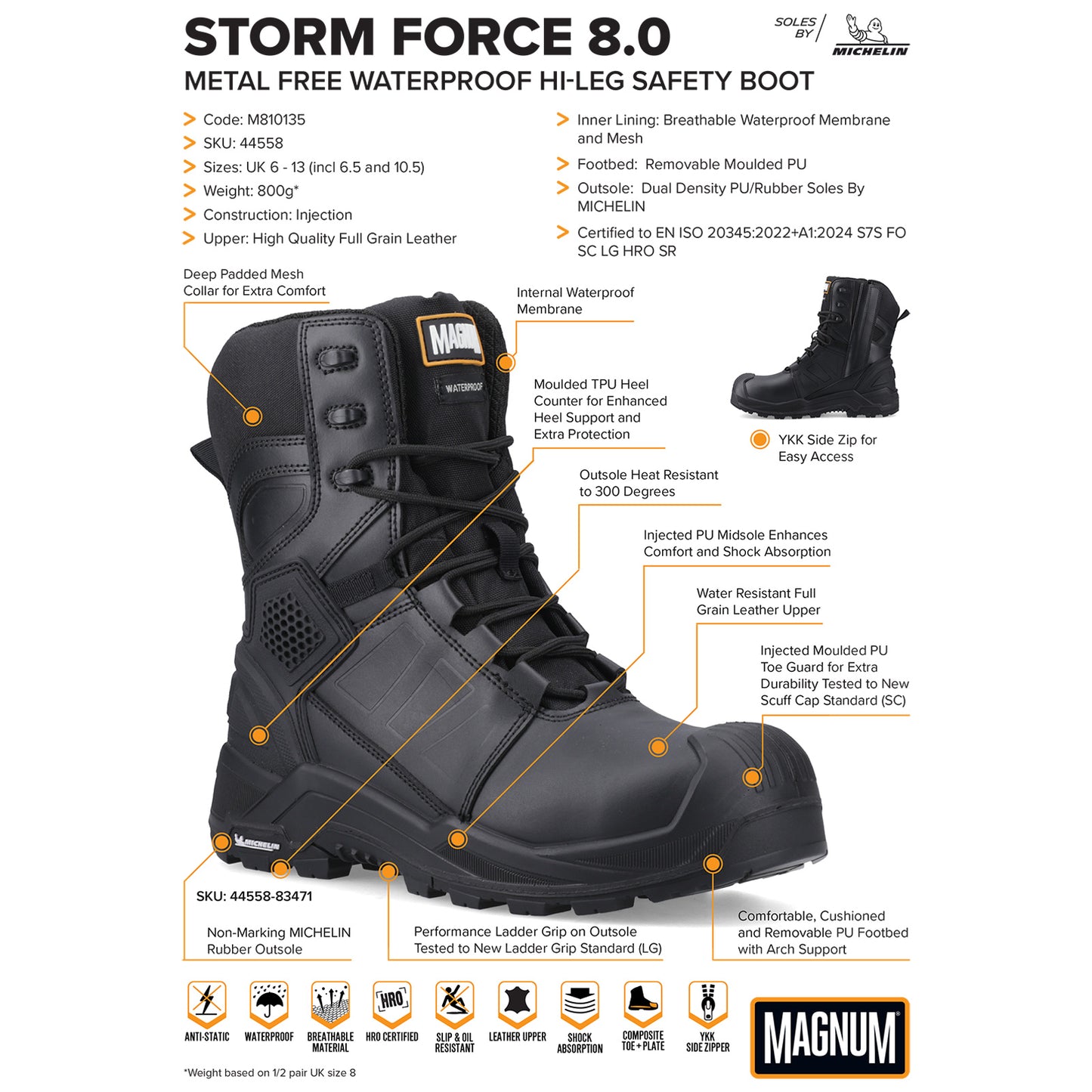 Magnum Unisex Storm Force 8.0 Side-Zip S7 Safety Boots
