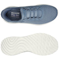 A blue sports shoe with a textured upper features elastic laces for easy wear and a contrasting white sole showcasing a wavy pattern designed for comfort and flexibility.