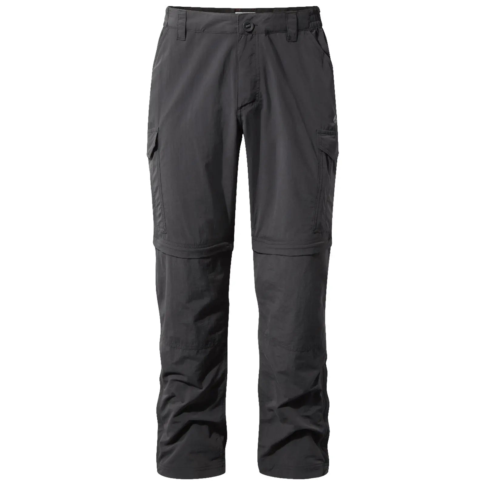 Black outdoor pants with zip-off legs are displayed standing upright featuring multiple pockets designed for versatility and comfort in an outdoor environment suitable for hiking or casual wear.