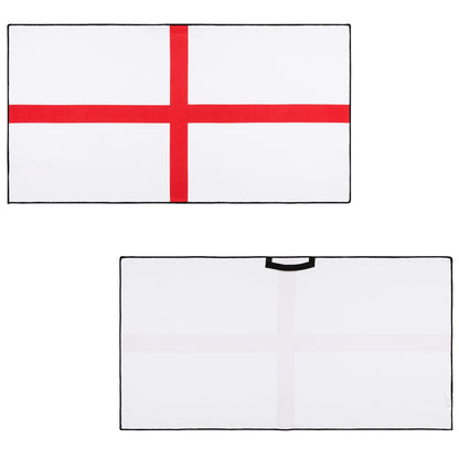 Two flags are displayed: one prominently shows a red cross on a white background while the other features a subtle white cross. Both flags have black borders.