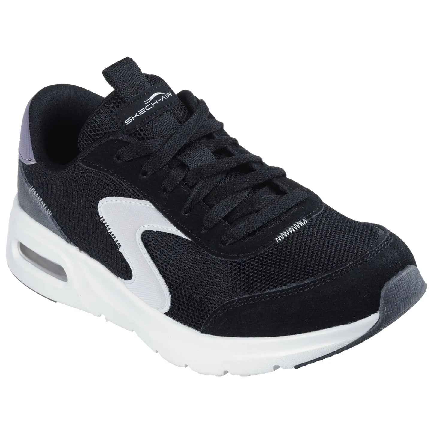 A black athletic shoe is displayed with a mesh upper and white accents the shoe features a cushioned sole and is designed for comfort and support in active environments