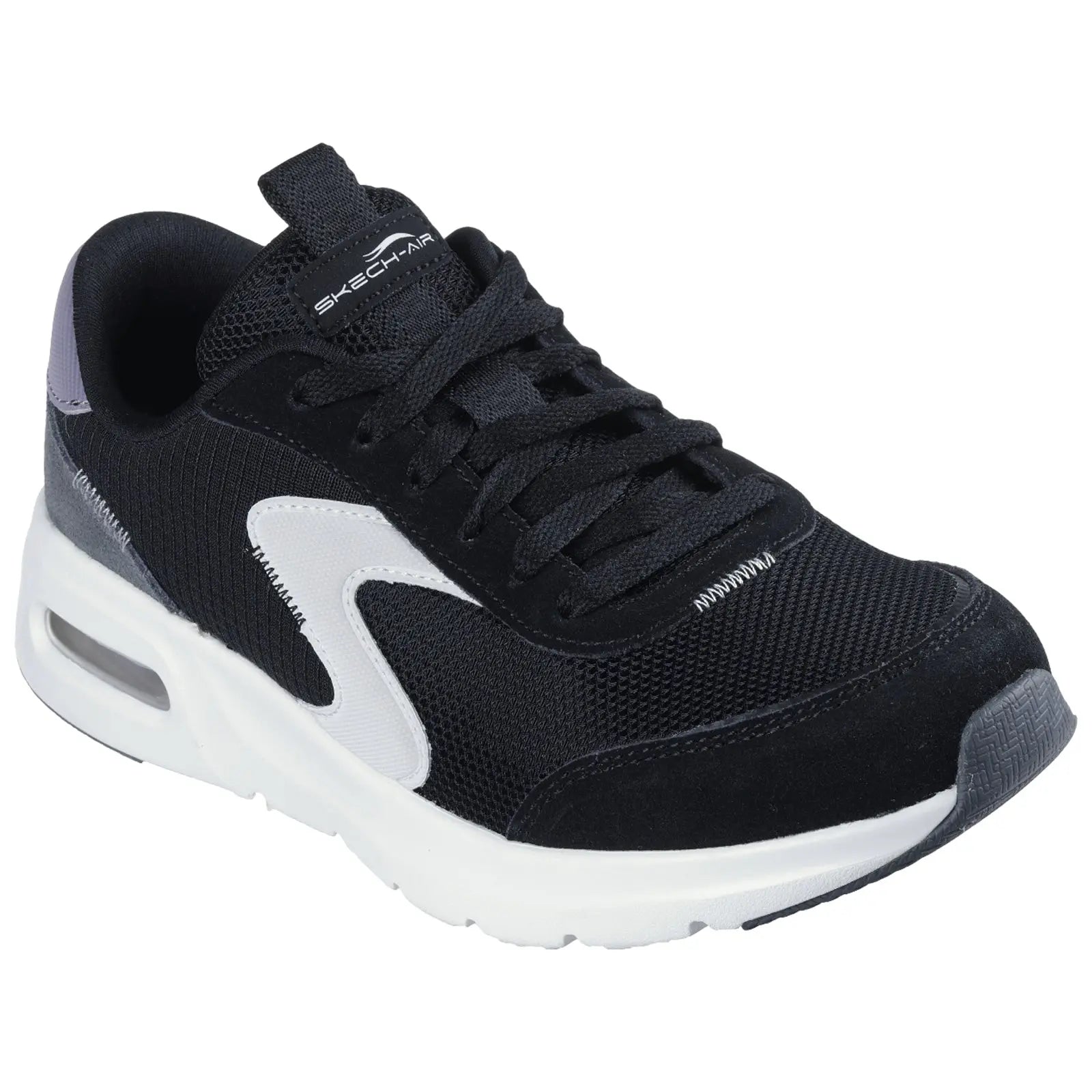 A black athletic shoe is displayed with a mesh upper and white accents the shoe features a cushioned sole and is designed for comfort and support in active environments
