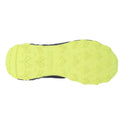 A black shoe sole with a bright yellow tread pattern is displayed. The sole shows pointed grooves designed for grip in outdoor activities, suggesting use on rugged terrain.
