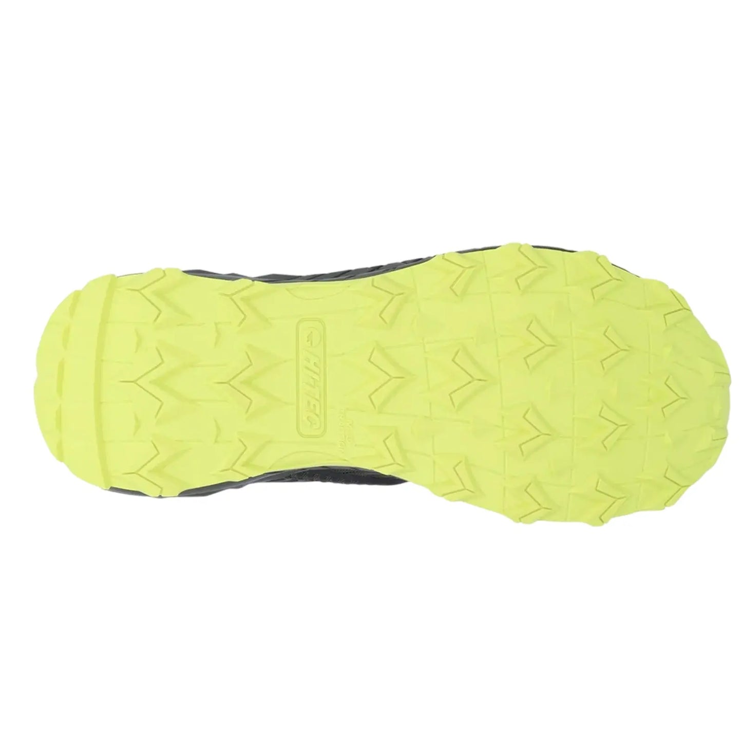 A black shoe sole with a bright yellow tread pattern is displayed. The sole shows pointed grooves designed for grip in outdoor activities, suggesting use on rugged terrain.