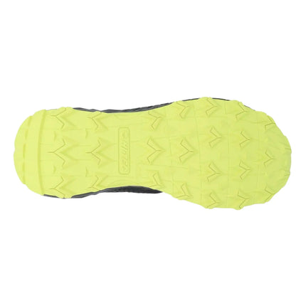 A black shoe sole with a bright yellow tread pattern is displayed. The sole shows pointed grooves designed for grip in outdoor activities, suggesting use on rugged terrain.