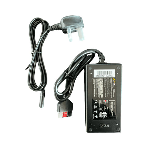 A black power adapter with two connected cables one ending in a three-pronged plug the other having a connector for a device placed against a plain white background