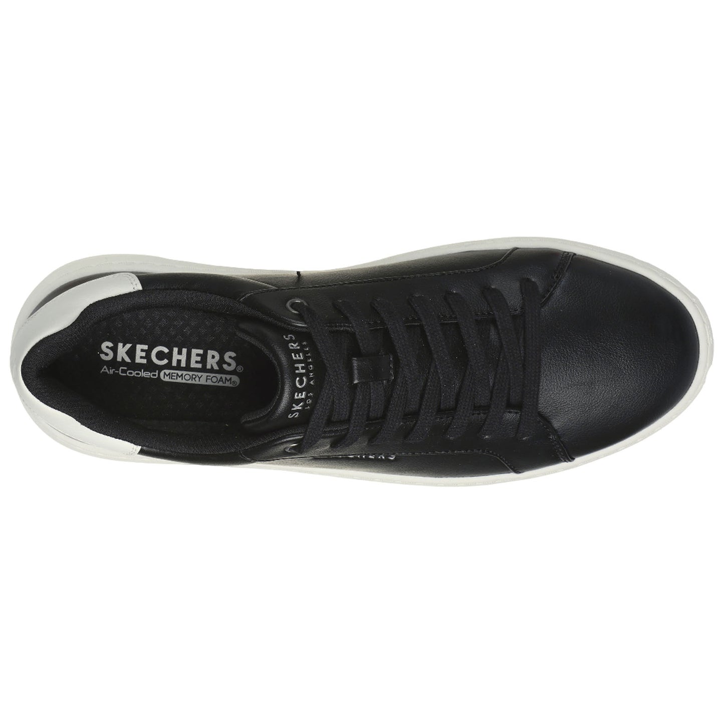 A black sneaker with a smooth surface and white accents rests flat. It features laces for securing the fit and an insole labeled Air-Cooled Memory Foam for comfort.