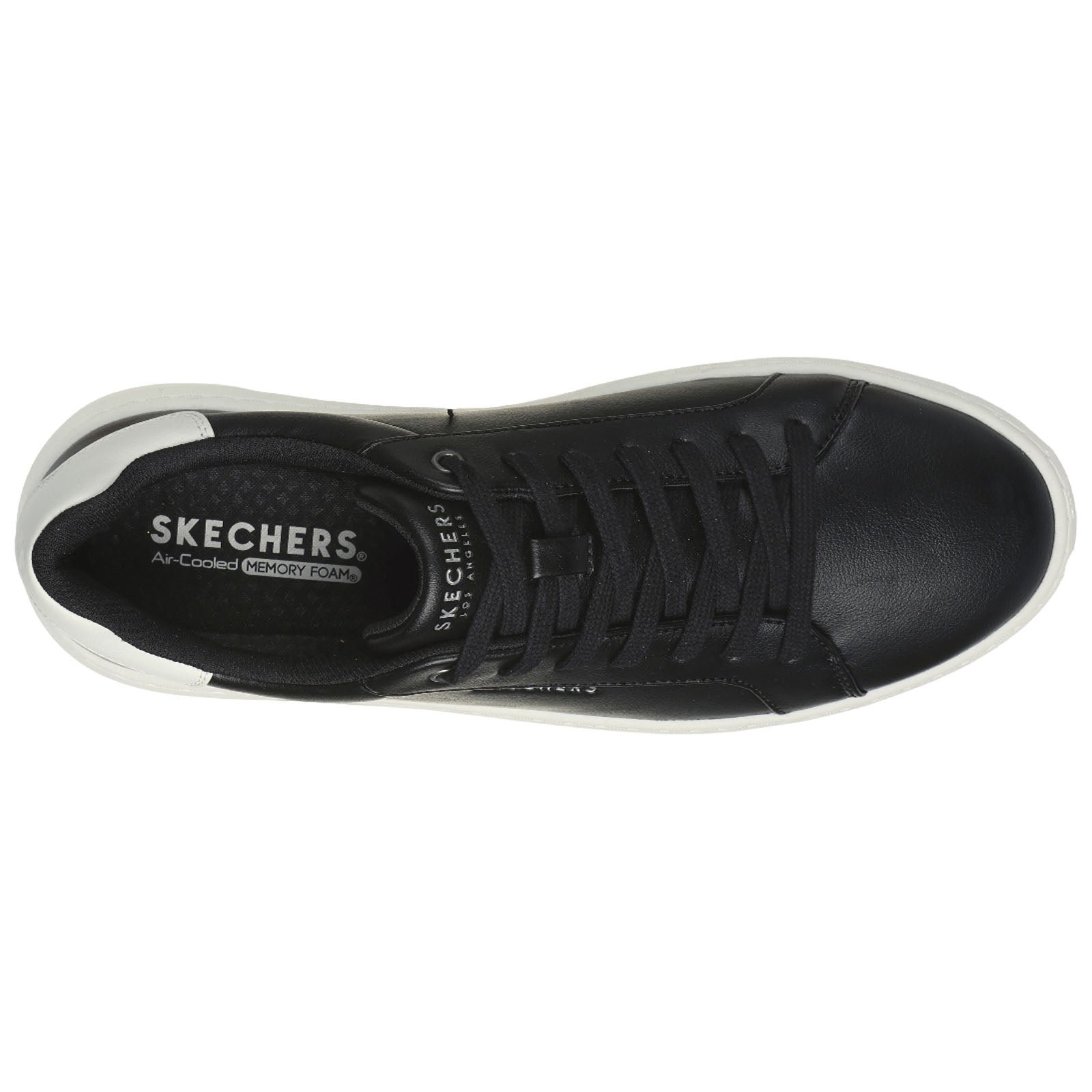 A black sneaker with a smooth surface and white accents rests flat. It features laces for securing the fit and an insole labeled Air-Cooled Memory Foam for comfort.