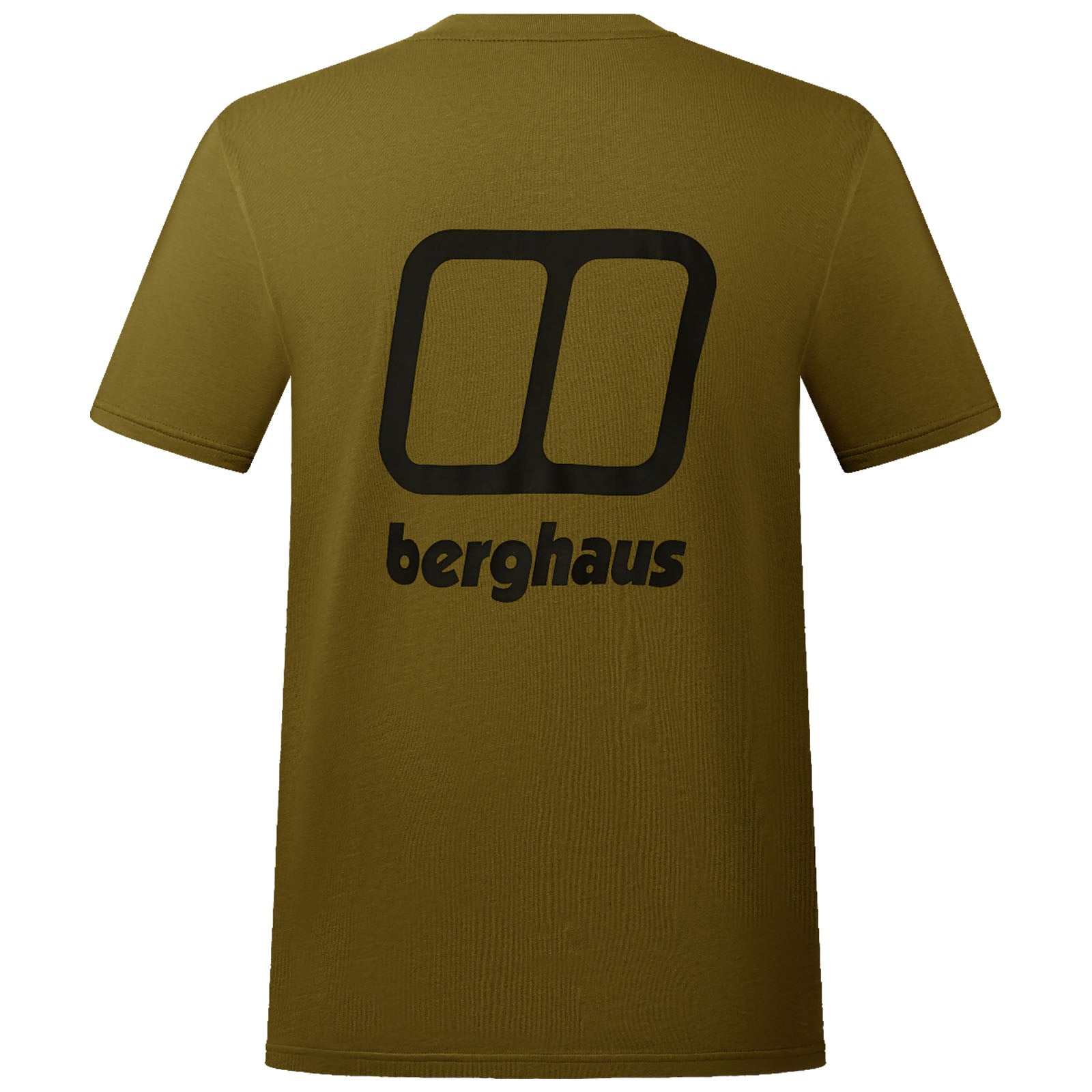 A green t-shirt featuring a large black logo design with two overlapping rectangles and the word "berghaus" beneath it showcased against a plain background.