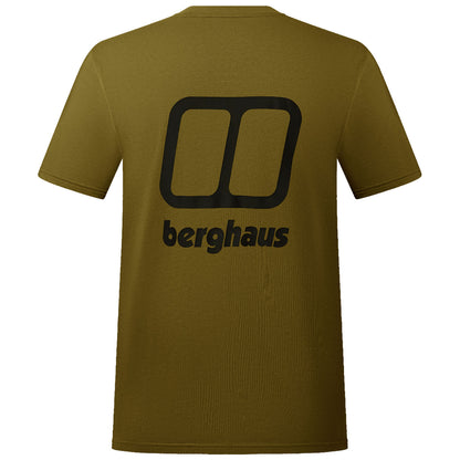 A green t-shirt featuring a large black logo design with two overlapping rectangles and the word "berghaus" beneath it showcased against a plain background.