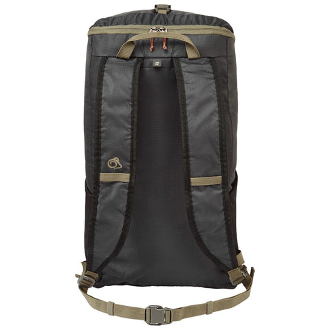 A dark gray backpack with tan straps stands upright showcasing its zippered top and organizational pockets. The design suggests usability for outdoor activities or daily commuting in an urban environment.