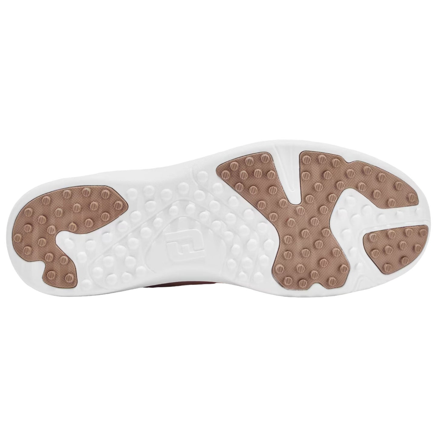 A sneaker sole with a brown rubber section and a white base features textured patterns for traction showcasing the brand logo in the center surrounded by rounded and directional grooves