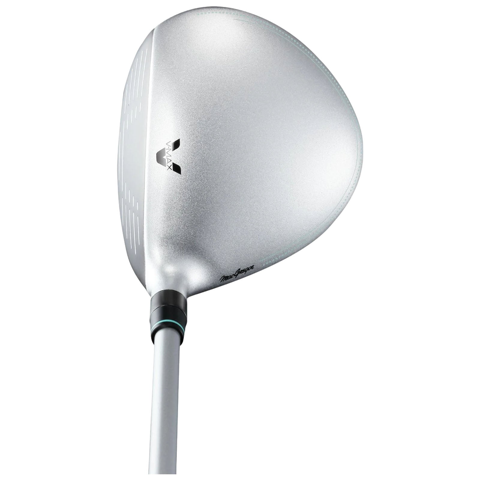 A silver golf club head is positioned upward showcasing its smooth surface and angled shape with markings for alignment the club shaft extends downward indicating readiness for use on a golf course.