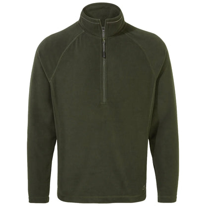 A dark green fleece pullover features a half-zip closure at the neck with long sleeves and a simple, casual design suitable for outdoor or indoor wear.